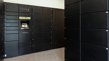 a set of black lockers in a room